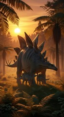 Fototapeta premium Stegosaurus dinosaur with baby dinosaurs in prehistoric jungle. Jurassic period landscape with ancient trees and sunset.