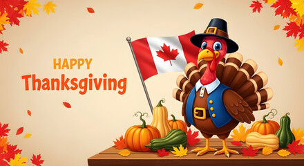 Naklejka premium Happy thanksgiving celebration with cartoon turkey wearing pilgrim hat and canada flag surrounded by pumpkins and fall leaves on wooden table