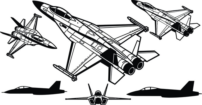Black and white line art fighter jet trio with detailed twin engine top and side views