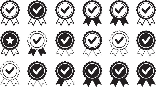 Collection of Black and White Certified Approved Badges with Checkmarks and Ribbons Representing and Success on a White Background