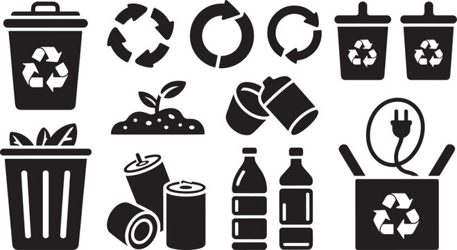 Collection of black and white representing recycling and environmental conservation including trash cans with recycle symbols growing plants and
