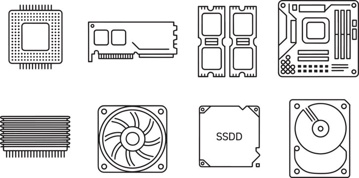 Collection of black line depicting computer hardware components including a CPU, RAM stick, memory modules, motherboard, heatsink, fan, SSD, and