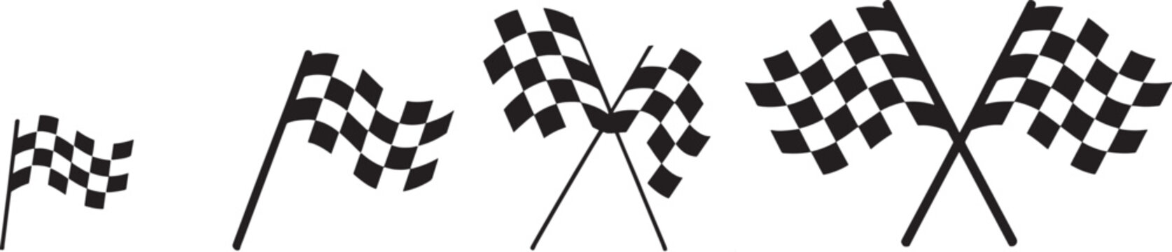 Collection of checkered racing flags of varying sizes and arrangements on white background Keywords: racing flag, checkered flag, checkered