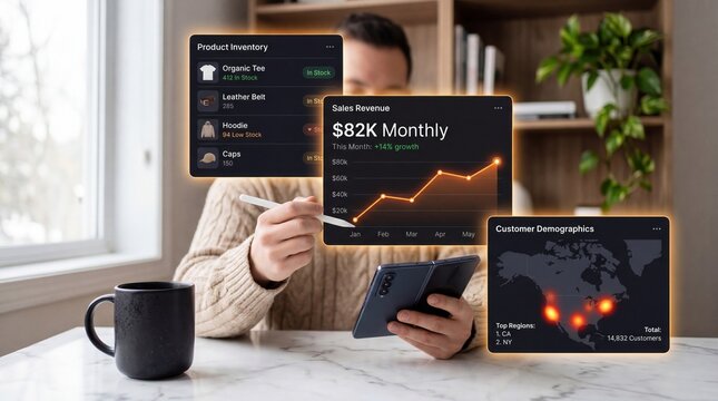Business professional analyzing digital sales performance and product inventory using a modern smartphone with holographic data visualizations in a bright home office workspace with a warm cozy