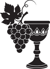 Fototapeta premium Ornate grapes and wine goblet, jewish holiday pesach symbol, religious observance, vintage illustration, food and drink, traditional festival icon.