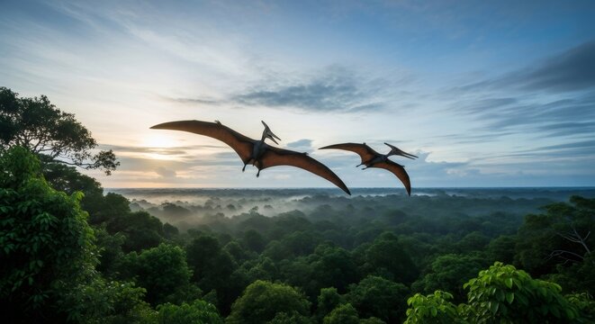 Two flying pterodactyl over ancient primeval forest at sunset. Prehistoric landscape with dinosaurs. Realistic world before time concept.