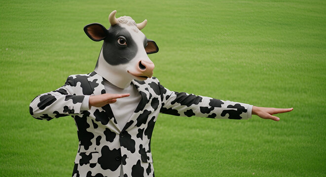 Cow-headed man in cow-print suit pointing sideways on green field, absurd prank or April Fool joke