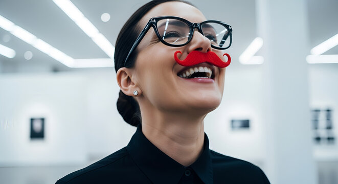 Professional woman laughing with red paper mustache during office April Fools prank, humorous corporate culture celebration, fun team building event in modern workspace
