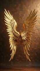 Fototapeta premium Pair of majestic gold angel wings with intricate feather details against textured brown backdrop. Symbolizes divinity, power, and beauty. Offers sense of wonder and inspiration for creative projects.