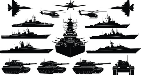 Military vehicles silhouettes collection featuring fighter jets helicopters warships tanks and armored vehicles isolated black icons for defense army navy design © SUMON