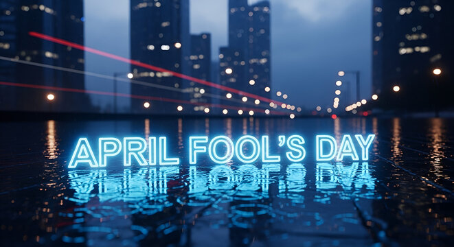 Neon April Fool's Day text glowing on wet night city street with skyscrapers background, pranks and joke theme concept