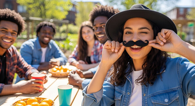Happy woman holds fake mustache while making a winking face outdoors during April Fools prank among smiling friends at sunny picnic gathering.