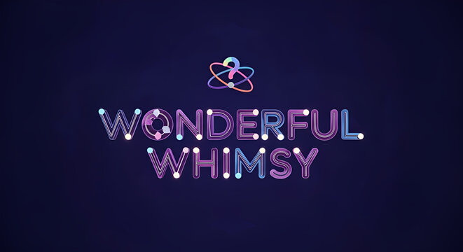 Wonderful Whimsy neon sign with question mark atom logo, digital text animation on deep blue background, playful modern graphic design