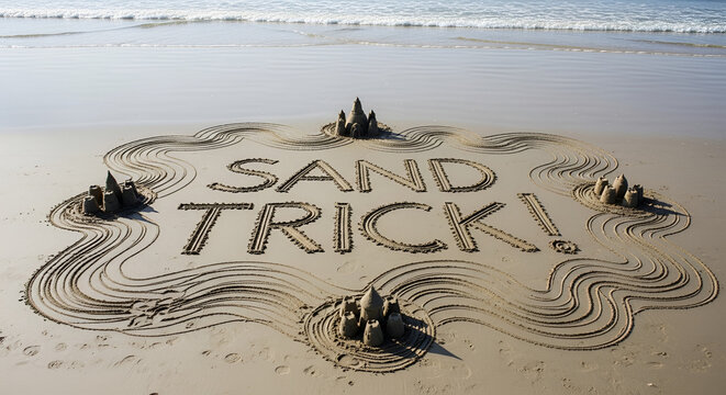Sand castle with 'SAND TRICK!' carved in ocean waves, beach April Fool prank art, playful Easter eggs concept