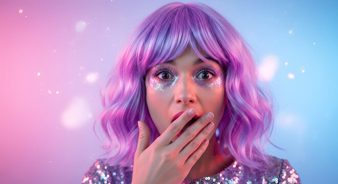 Stunned woman with purple glitter wig and festive makeup gasps in shock against pastel bokeh background. April Fools prank target expression, celebration concept.
