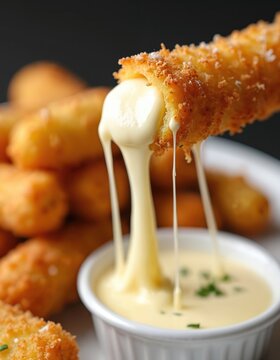 Crispy golden mozzarella sticks pull melted cheese strings into creamy sauce. Fried cheese fingers served hot with dipping sauce. Appetizer dish with gooey cheese.