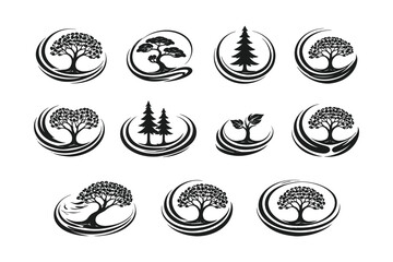 Collection of diverse tree motifs integrated with moon and wave designs in circular frames © Md. Alamin Mia