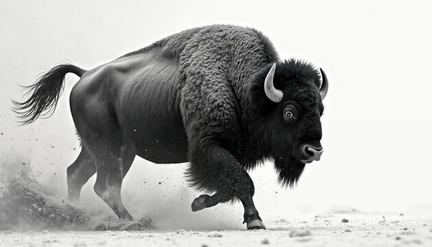 Powerful bison charges through snow or dust. Wild animal runs fast in monochrome graphic style. Majestic mammal shows strength and raw energy.