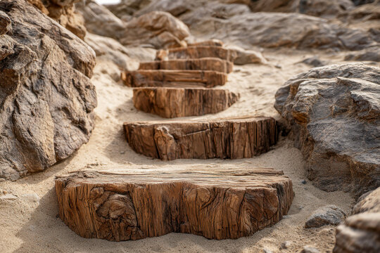 Rustic wooden stepping stones embedded in sandy terrain with surrounding natural rock formations creating an earthy outdoor pathway scene