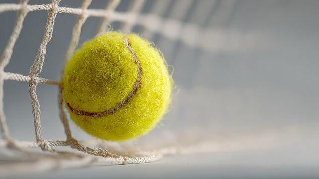 Yellow tennis ball caught in net mesh with detailed fuzzy texture on court surface in soft natural lighting environment
