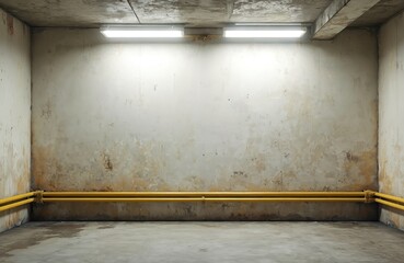 Fototapeta premium Empty concrete room with stained walls and yellow pipes. Fluorescent lights illuminate the unfinished interior space. This utility area looks neglected and old.