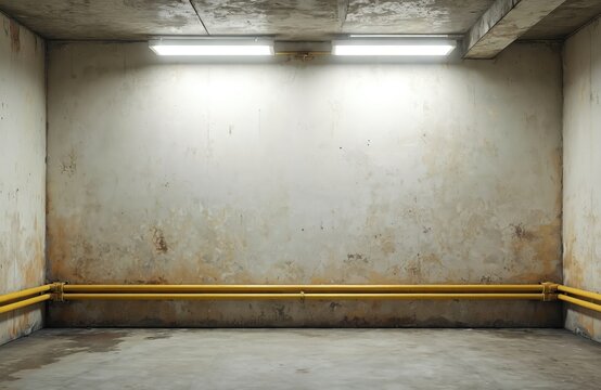Empty concrete room with stained walls and yellow pipes. Fluorescent lights illuminate the unfinished interior space. This utility area looks neglected and old.