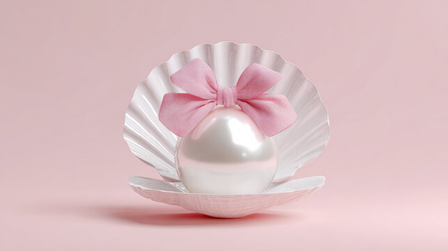 Glossy white pearl with pink bow in open white shell on light pink background minimal elegant concept
