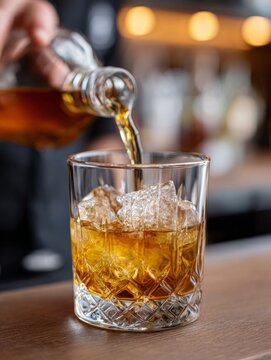 Whiskey being poured into glass with ice on wooden bar counter