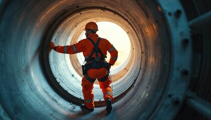 Fototapeta premium Worker in orange suit and hard hat climbs inside large industrial pipe. Man uses safety harness and gear for confined space entry. Focus on safety in construction.