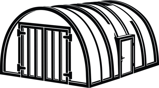 Arched quonset hut with double doors and side single door vector art black and white