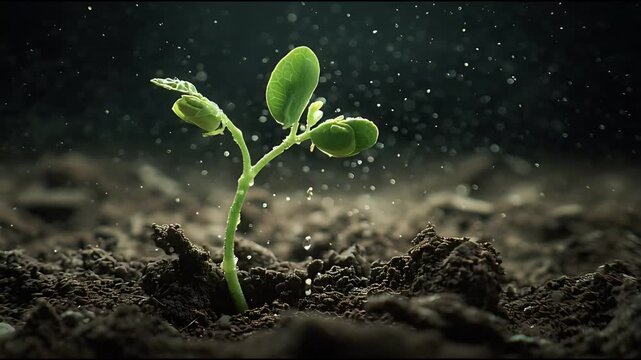Vibrant green sprout actively emerges from fertile soil, bathed in gentle water droplets, symbolizing dynamic growth, fresh beginnings, and the enduring vitality of life in nature's embrace