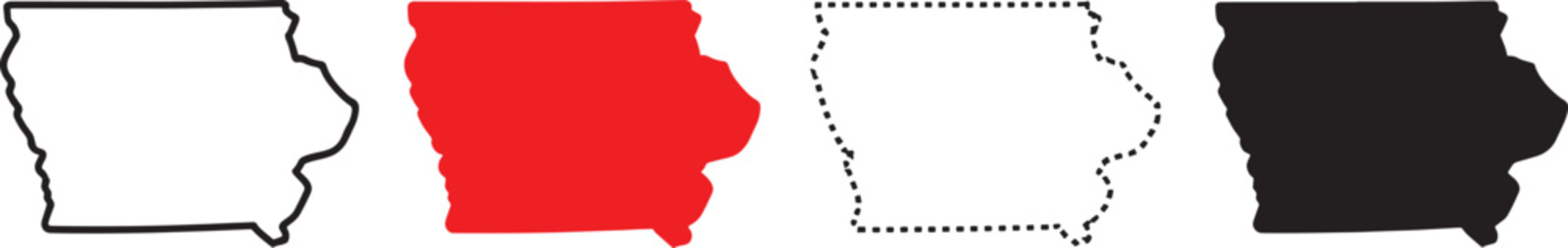 Four visual styles of the Iowa state outline presented as solid black dotted line red fill and black outline Keywords: Iowa, state, map, outline