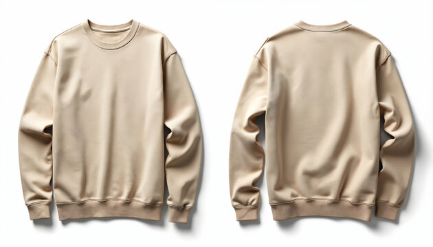 Front and back view of a plain beige crewneck sweatshirt. This simple garment offers a blank canvas for customization. It is a versatile casual wear option, perfect for print on demand services.