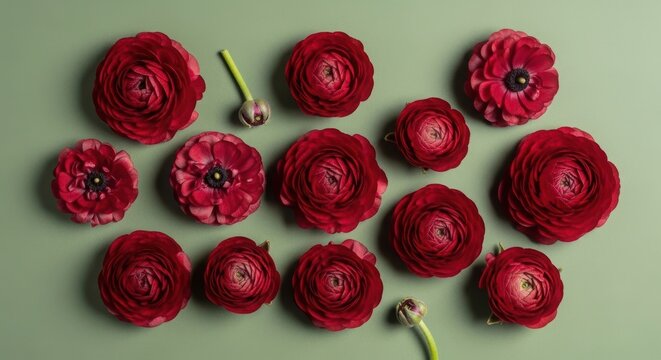 Red ranunculus flowers arranged on a green background. Flat lay composition of blooming Persian buttercup petals. Floral background for greeting card, wedding invitation or spring holiday.
