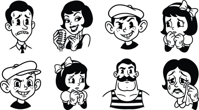 Retro black and white cartoon character face set including singer with microphone and mustached strongman