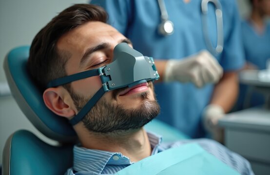 Man wearing nasal mask relaxes in dental chair with nitrous oxide for pain-free treatment. Dentist, assistant in blue scrubs prepare for procedure. Modern dental care technology offers comfort,