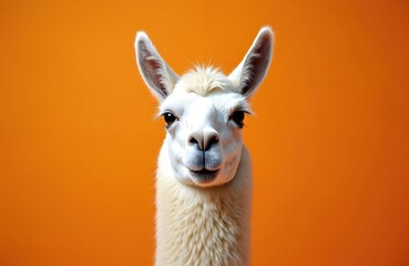 Obraz premium White llama with fluffy fur poses against vibrant orange background. Cute animal stares forward with curious eyes. Studio portrait offers clean space for copy.