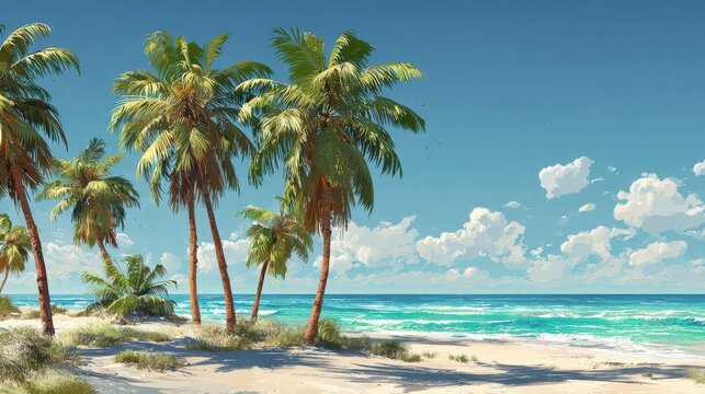 Clean cutout palm trees beside a calm sea on a tropical island for arch viz imagery