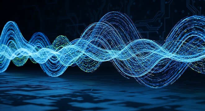 Abstract futuristic digital sound wave visualization with blue glowing particle streams on a dark textured background, representing data flow and advanced technology