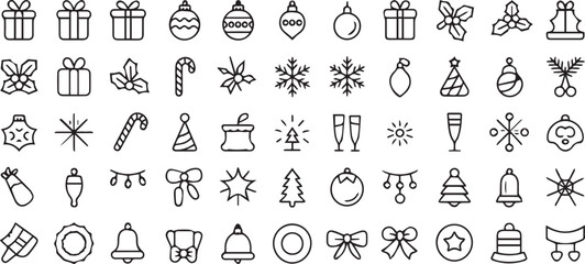 Naklejka premium Christmas icons, holiday symbols, 40 black line art graphics, festive decorations, vector illustrations