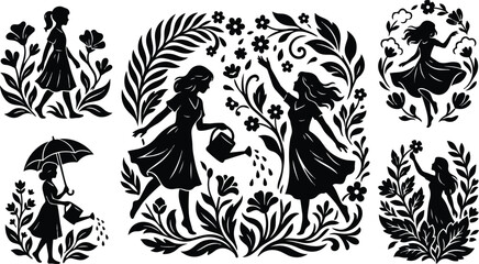 Fototapeta premium Silhouette floral scenes with women watering dancing and picking flowers in black and white vector