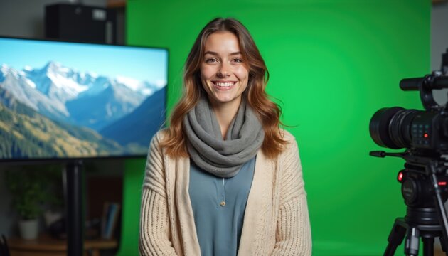Smiling young woman poses for video shoot with green screen background and mountain landscape on monitor. She wears beige cardigan and blue shirt. Ready for content creation.