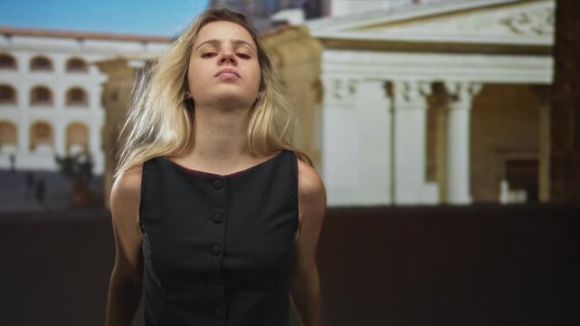 Woman showing both middle fingers to camera in front of historic building, arms extended and stern face; defiance rebellion attitude.