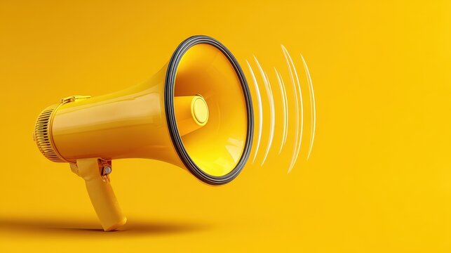 Corporate communication concept: vibrant yellow megaphone against a solid yellow background