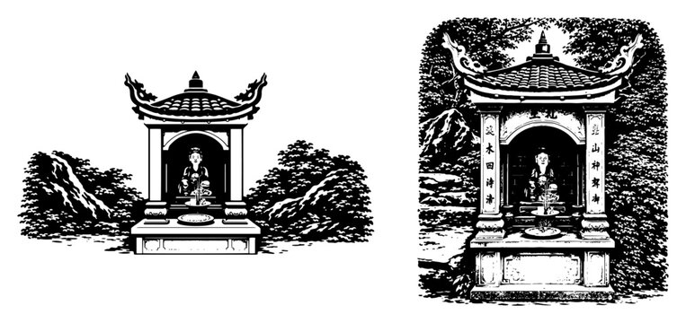 Traditional oriental shrine altar with buddha statue in black and white vector illustration