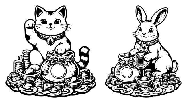 Japanese lucky maneki neko cat and rabbit with money bags in traditional woodcut style