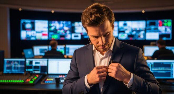 Male newscaster clipping microphone preparing broadcast. Professional reporter setting lapel mic for interview. Live news report concept with control room background.