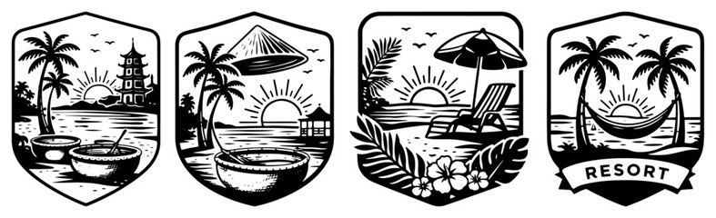 Collection of tropical resort shield badges with palm trees beach chairs and hibiscus flowers © Tomas