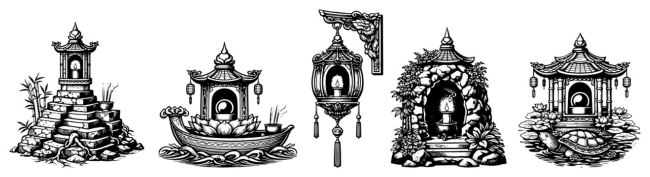 Collection of traditional Asian architectural elements including shrines lanterns and ceremonial boats