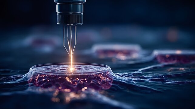 Advanced robotic arm manipulating cells in a petri dish with a laser for biotechnology research, representing innovation in medicine and microscopic science
